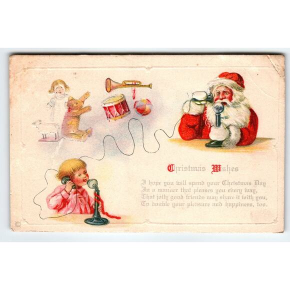 Vintage 1924 Santa Claus On Stick Telephone With Girl Christmas Postcard - Picture 1 of 2